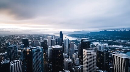 Obraz premium Aerial view of a bustling city skyline with water bodies and mountains under a dramatic overcast sky : Generative AI