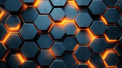 Abstract dark hexagon pattern with orange glowing lines.