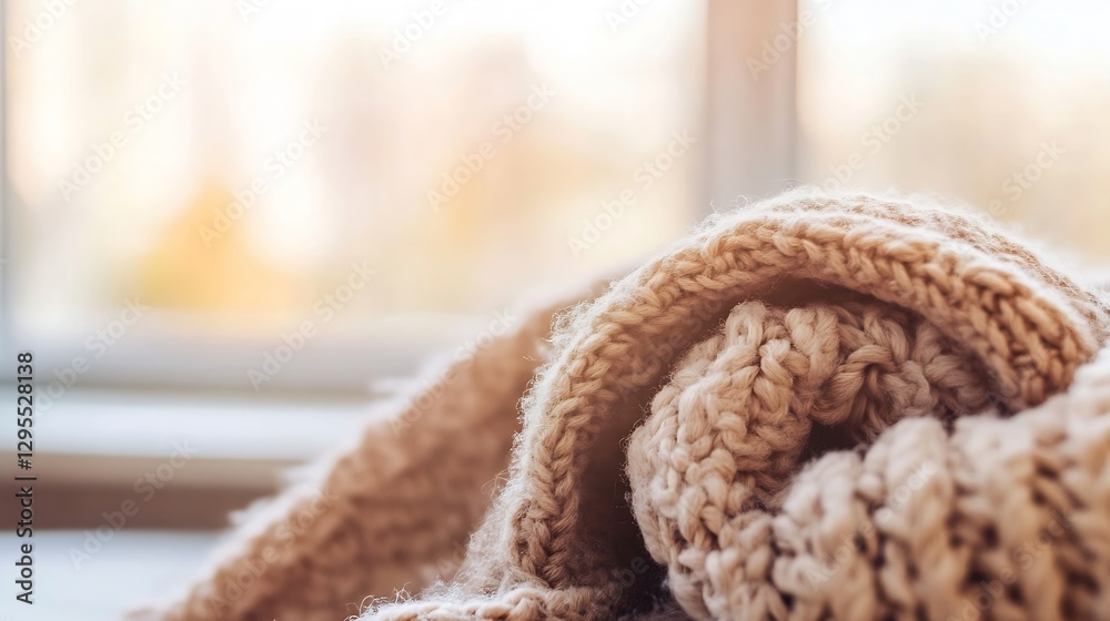 Poster Cozy knitted blanket draped softly near a sunny window creating a serene atmosphere : Generative AI