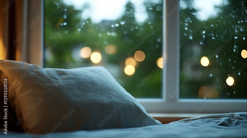 Poster cozy bedroom with soft pillows and raindrops on window creating a serene atmosphere : generative ai