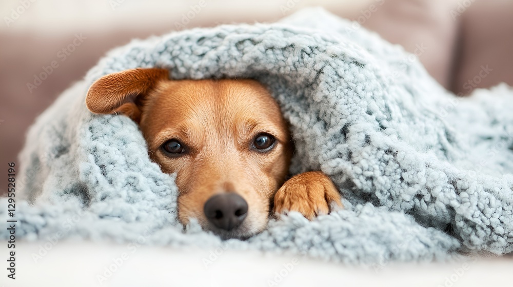 Poster comfortable indoor scene of a cute dog wrapped in a soft blue blanket relaxing on a couch : generati
