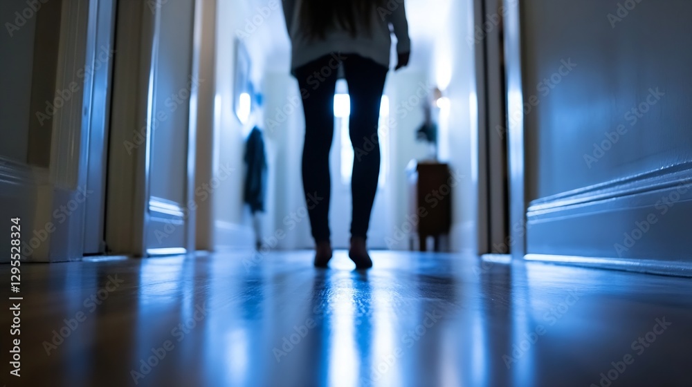 Poster mysterious silhouette of a person walking down a dimly lit hallway : generative ai
