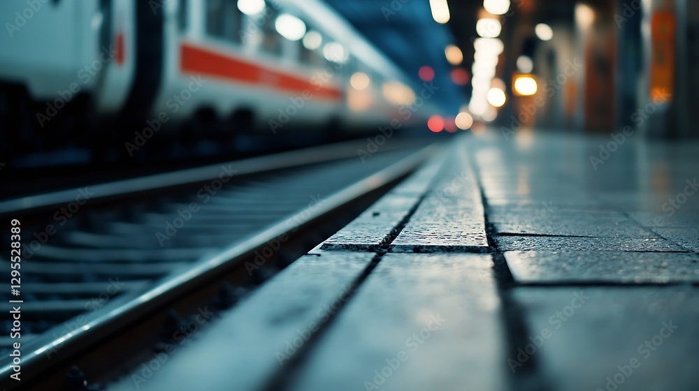 Poster close up view of train tracks and station platform lights in urban setting : generative ai