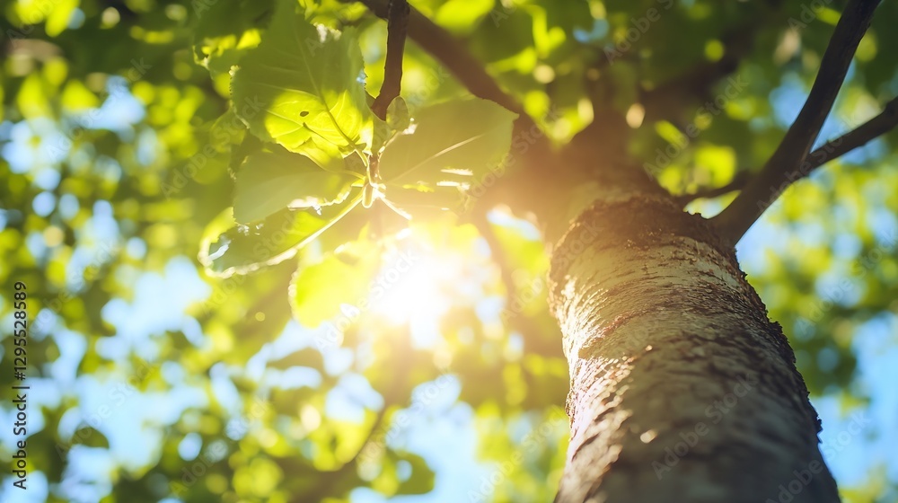 Poster Beautiful close up of green leaves and tree trunk illuminated by sunlight creating a serene nature scene : Generative AI