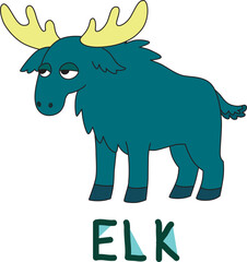 big thoughtful elk with antlers with colorful text below hand written