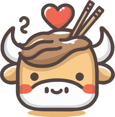 Cute cartoon cow character with heart and chopsticks, symbolizing love for food