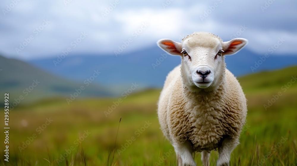 Poster curious sheep standing in lush green meadow with scenic background : generative ai