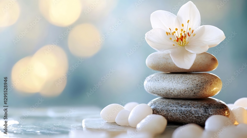 Poster balanced meditation stones with a beautiful flower on top against a soft blurred background : genera