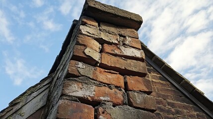 Naklejka premium Weathered Brick Chimney with Cracks Against Blue Sky