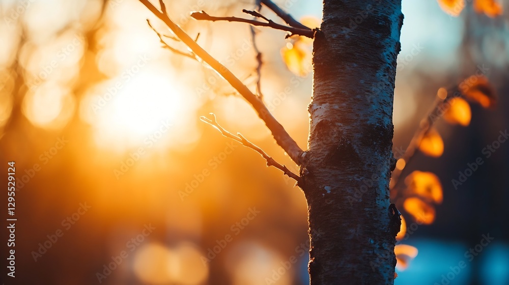 Aufkleber Warm sunset light streaming through leaves on a tree trunk creating a calming autumn atmosphere : Generative AI