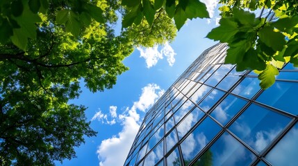 Modern architectural building viewed from below surrounded by lush green trees against a bright blue sky : Generative AI