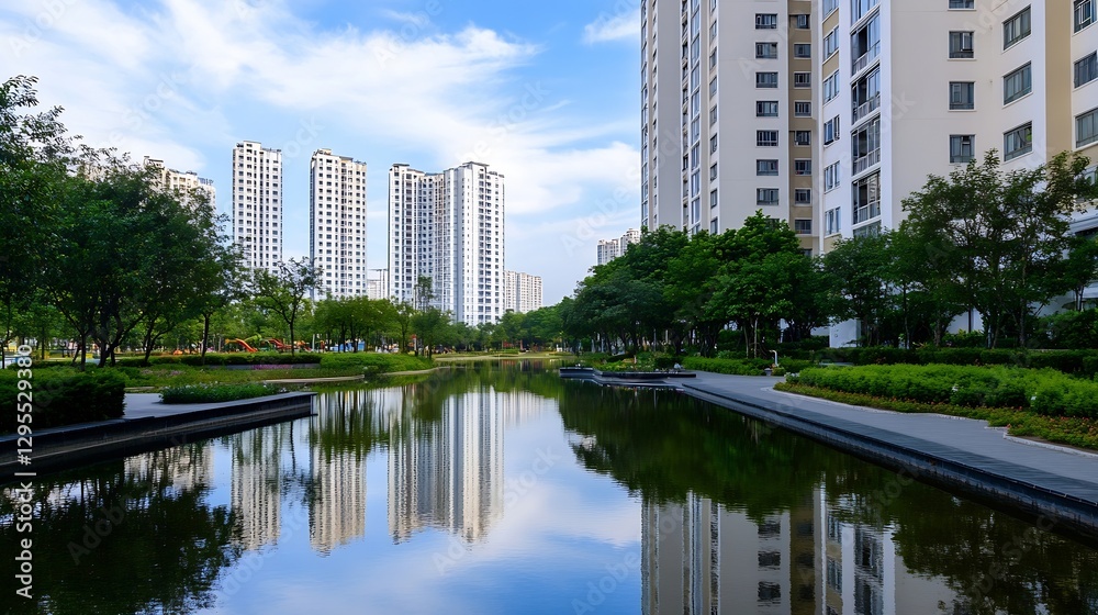 Poster Calm and Peaceful Urban Park with Well Maintained Green Spaces and Modern Buildings in a Tranquil Setting : Generative AI