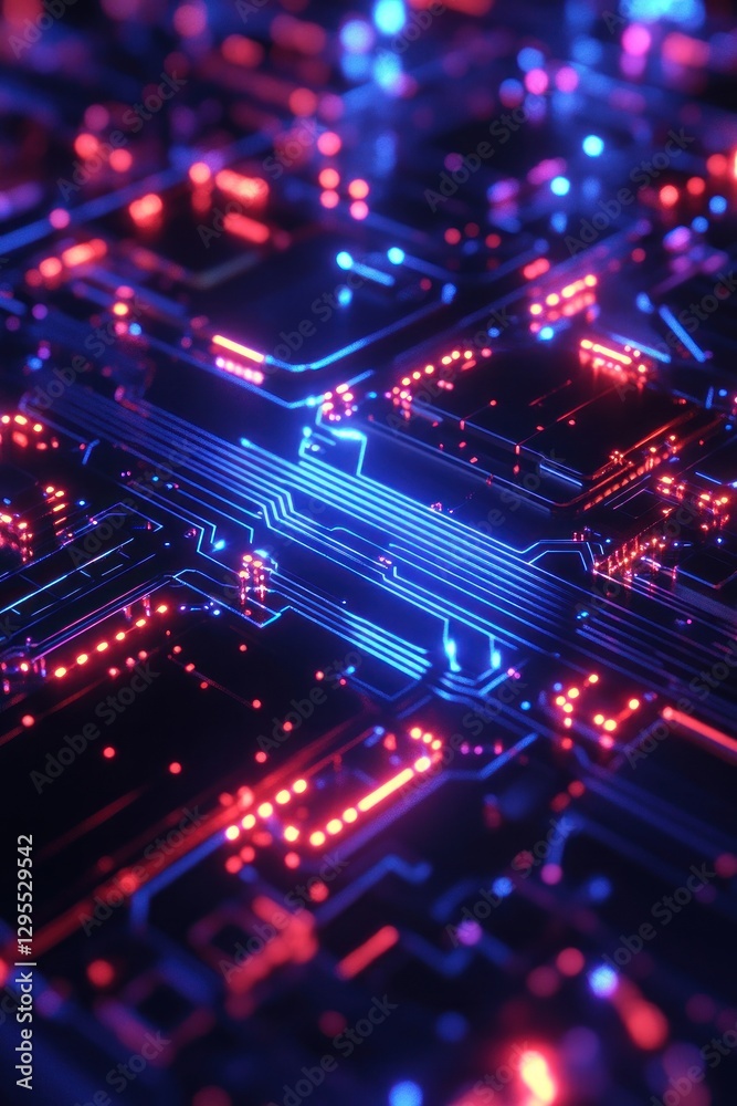 Poster abstract close-up of a vibrant circuit board with glowing elements and intricate patterns