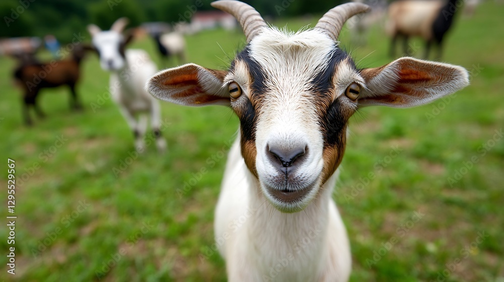 Poster Closeup of a friendly goat in a grassy field with other goats visible in the background : Generative AI