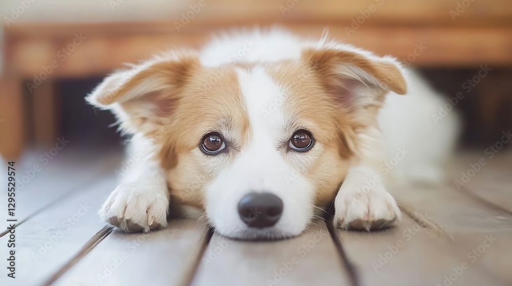 Poster adorable dog laying on wooden floor with expressive eyes and soft fur looking curiously at viewer : 