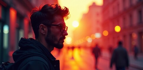 Silhouette of a hipster wearing glasses, , geeky vibes, urban style