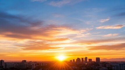 Golden Sunset Over Cityscape with Stunning Cloud Patterns and Silhouetted Buildings : Generative AI