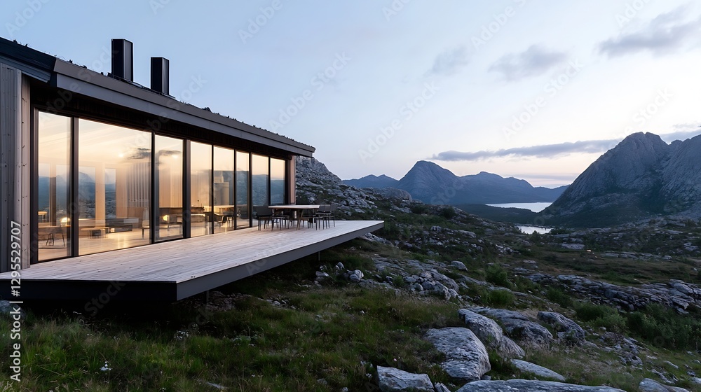 Aufkleber Modern architecture of a mountain house with large glass windows and stunning views : Generative AI