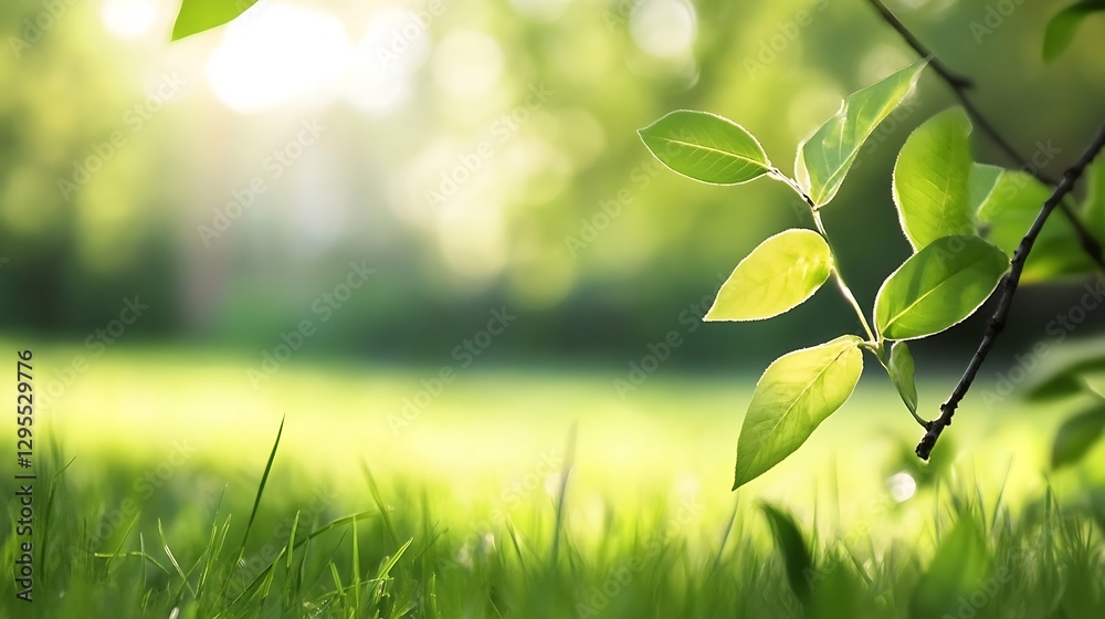 Poster close up of green leaves on blade of grass in nature for eco friendly themes in lush environment : g