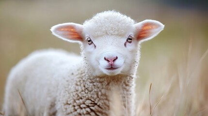 Obraz premium Cute Baby Lamb Smiling in Meadow Captured in Beautiful Natural Light : Generative AI