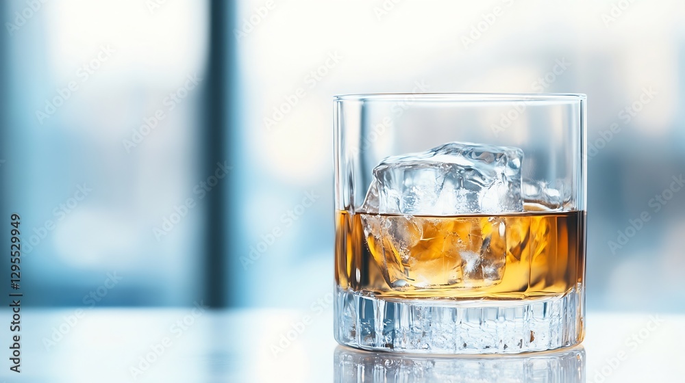 Aufkleber Glass of Whiskey with Ice Cubes on a Table in Modern Setting : Generative AI