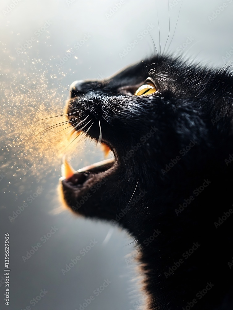 Aufkleber closeup of a black cat with open mouth and beautiful eyes throwing dust particles : generative ai