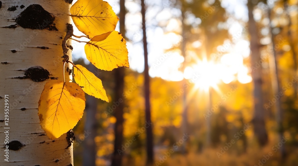 Aufkleber golden autumn leaves glowing in sunlight filtering through trees in a wooded area : generative ai