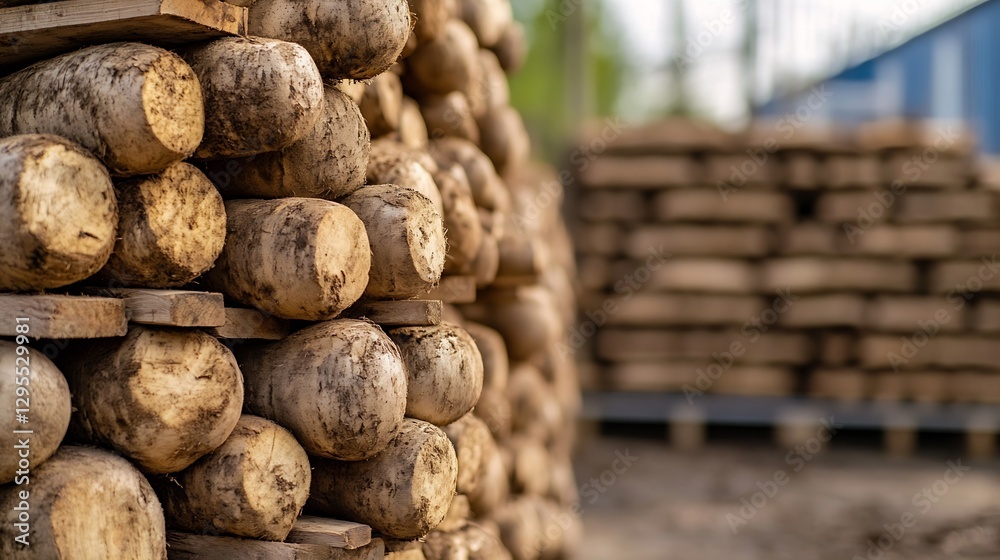 Poster stacked wooden logs and timber ready for construction or firewood near a rustic building : generativ