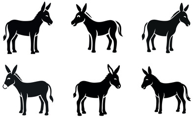 Simple, black silhouettes of donkeys, perfect for icons or illustrations.