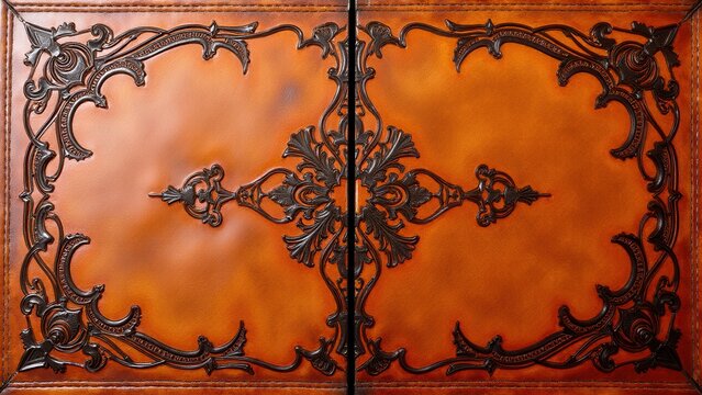 Ornate tooled leather with intricate black designs on a rich brown background.