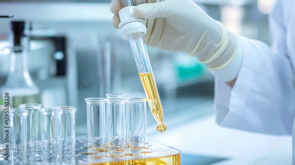 Poster laboratory research with chemist dropping yellow liquid into test tube in science experiment : gener