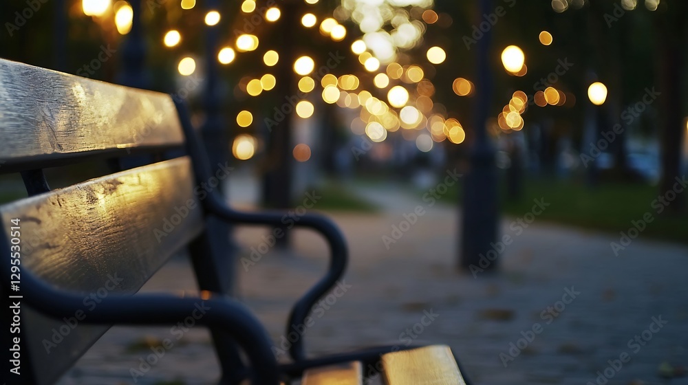 Poster a beautiful wooden bench in a park illuminated by twinkling bokeh lights in the evening : generative