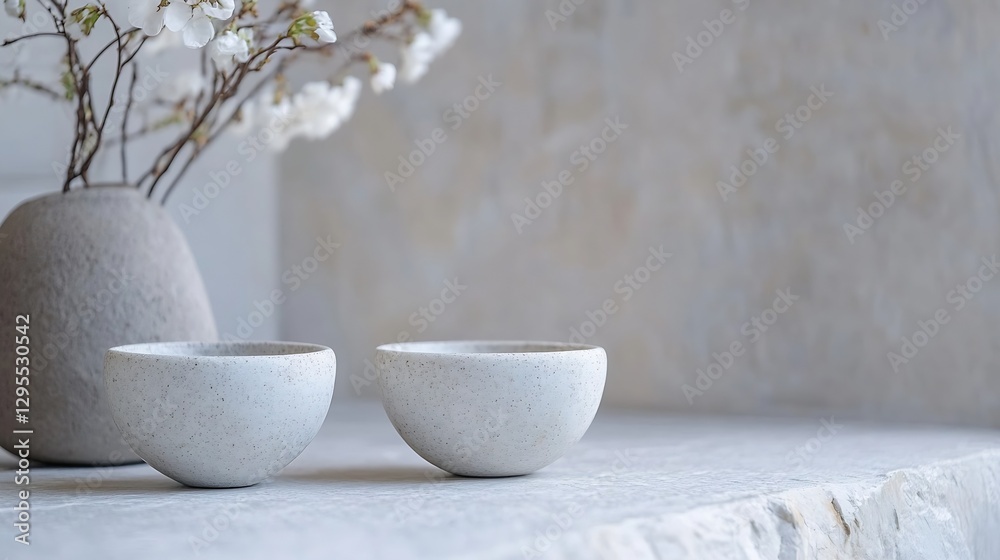 Poster elegant minimalistic setup featuring stylish stone bowls and decorative flowers on a serene surface 
