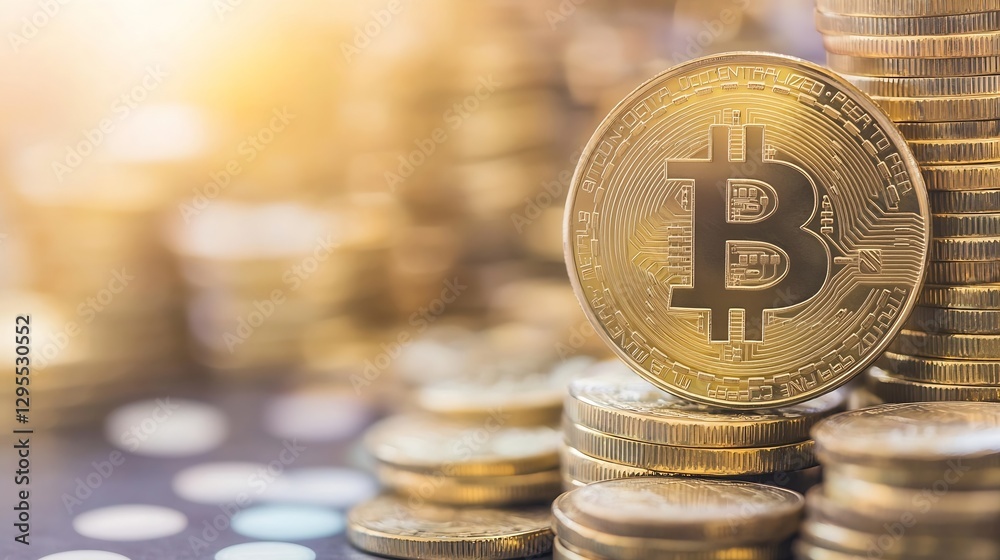 Aufkleber Stunning close up of a shiny bitcoin on top of stacks of coins representing cryptocurrency wealth : Generative AI