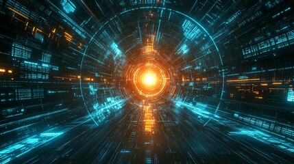 Fototapeta premium Abstract digital tunnel with glowing lines and data streams.