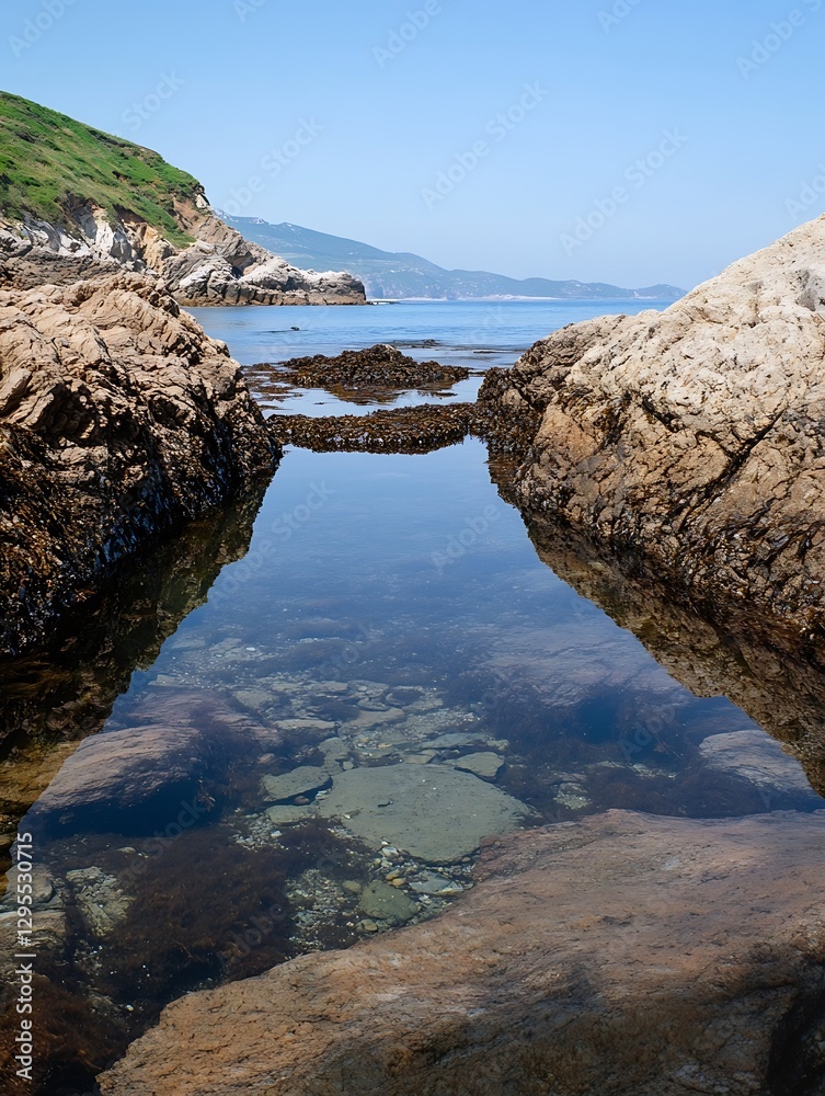 Poster Serene coastal view with clear water reflecting rocks and cliffs in the daylight : Generative AI