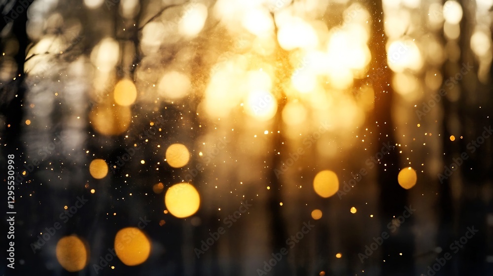 Fototapete Beautiful sun rays filtering through trees creating a warm and magical atmosphere with golden bokeh : Generative AI