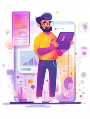 SEO, website, software development. App optimization, programming. Web designers, programmers cartoon characters. Mobile content concept. Bright vibrant violet vector isolated illustration