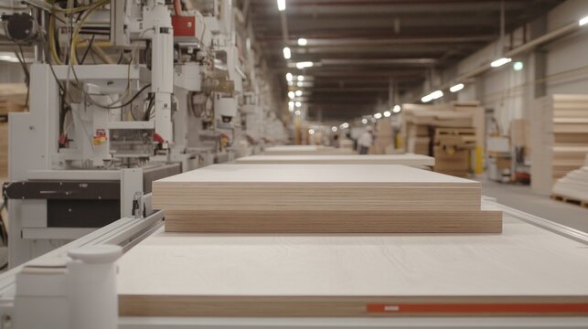 Wooden boards moving along an automated assembly line in a factory
