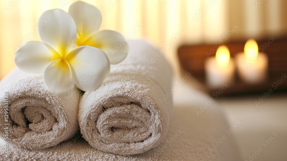 Aufkleber luxurious spa towels with a plumeria flower enhancing tranquility and relaxation in wellness setting