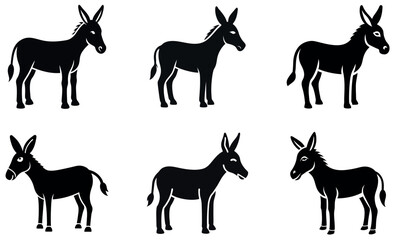 Simple, black silhouettes of donkeys, perfect for icons or illustrations.