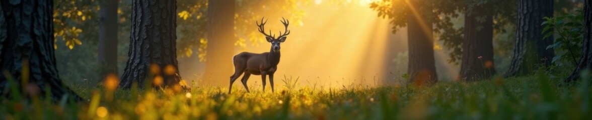 Fototapeta premium Siluet of a deer in the forest with trees and sunlight filtering through, silhouette, daylight, nature