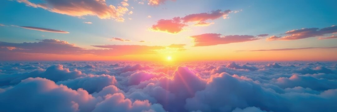 Sunset with a vast expanse of blue sky and fluffy white clouds, clouds, landscape, vast