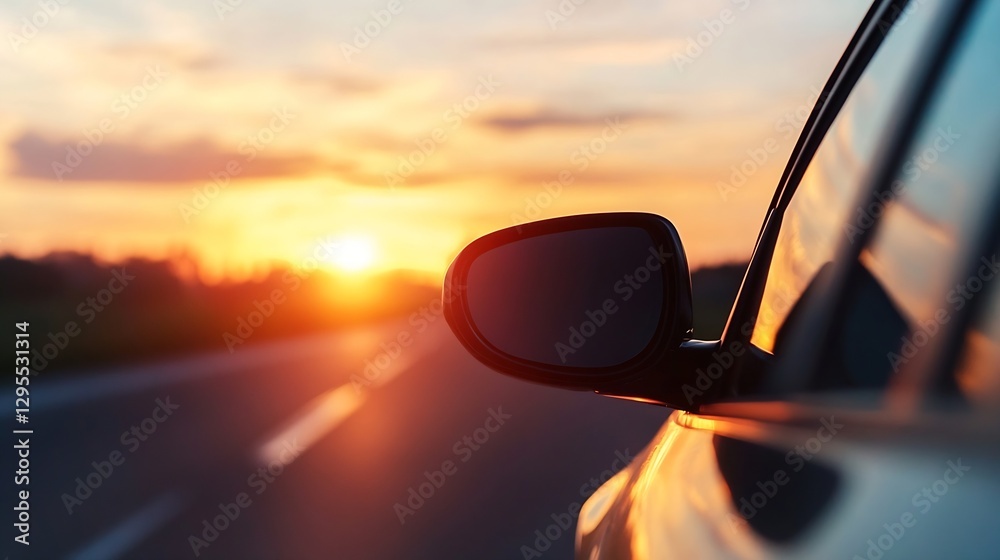 Poster stunning sunset view captured from the side mirror of a car on a tranquil road : generative ai