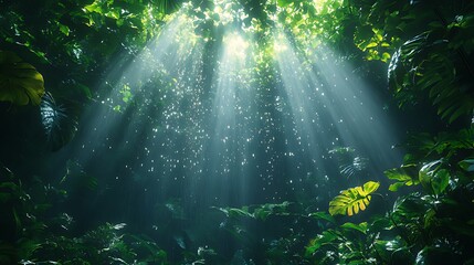 Fototapeta premium Sunbeams pierce jungle canopy, creating ethereal light, nature background, ideal for travel, wellness