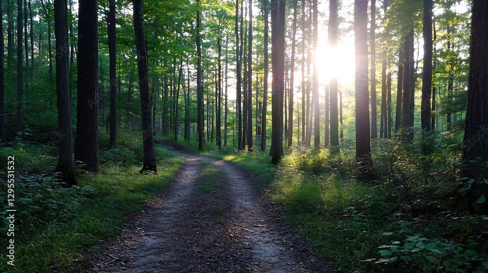 Fototapete Sunlight filtering through trees along a forest path creating a tranquil atmosphere for nature walks : Generative AI
