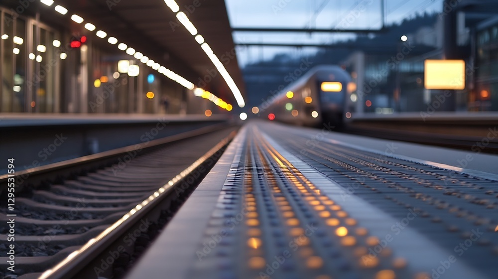 Aufkleber closeup view of train tracks at a modern station during evening twilight with blurred train in backg