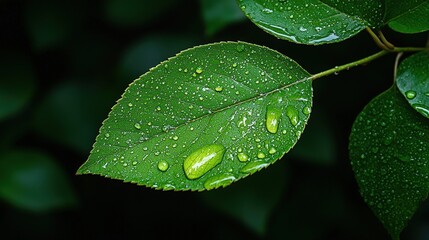 Fresh green leaves with water droplets on their surfaces