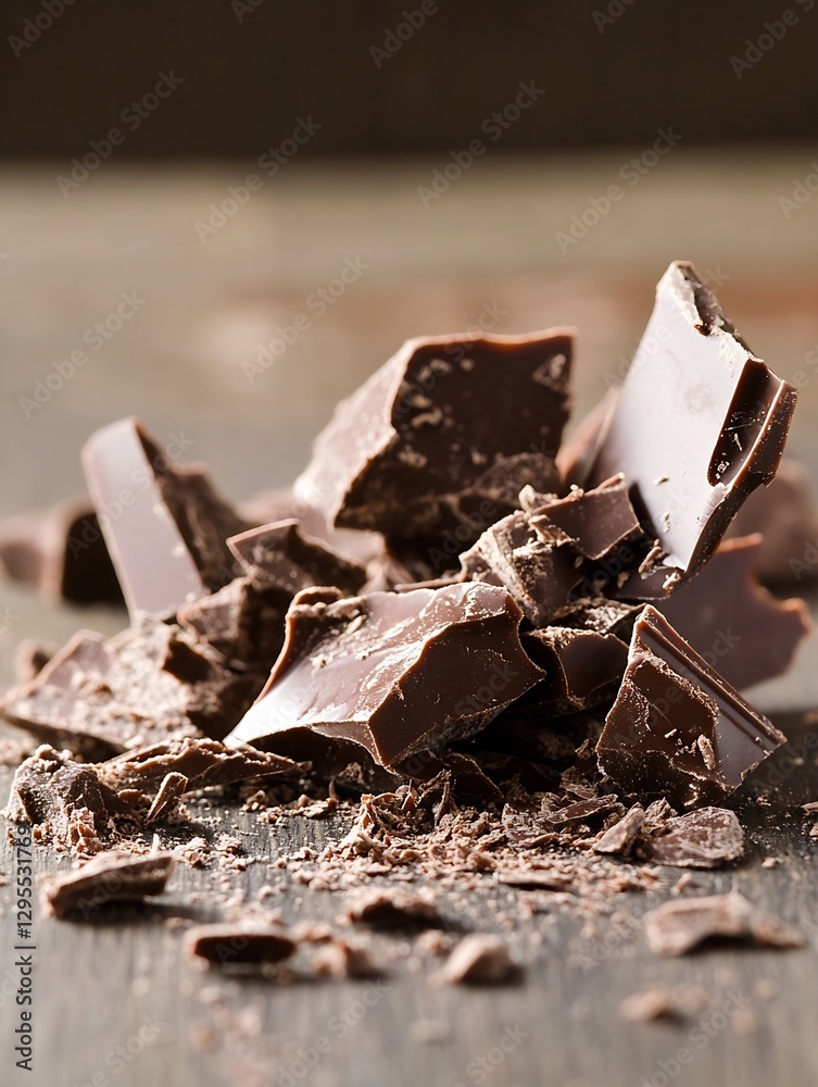 Aufkleber rich dark chocolate pieces scattered artfully on a wooden surface representing dessert indulgence : 
