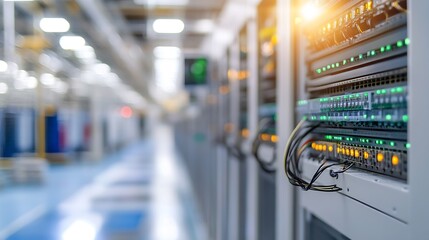 High-tech data center with server racks and glowing lights reflecting modern technology : Generative AI